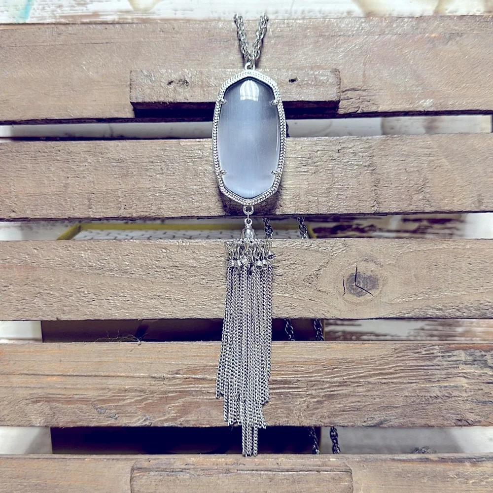 Kendra Scott euc grey slate gemstone crystal pendant fringe long necklace - Picture 3 of 6